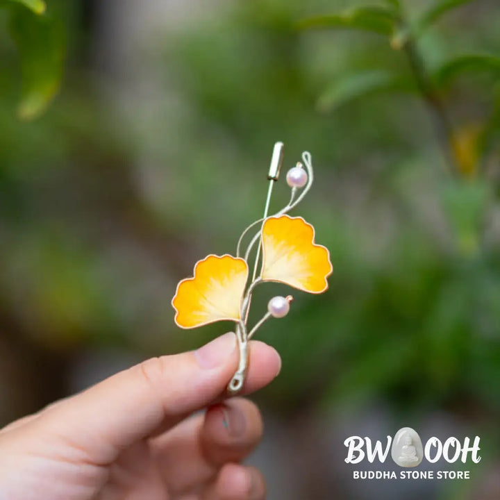 Buddha Stones Handmade Yangzhou Velvet Flower Mulberry Silk Ginkgo Leaf Brooch - Mulberry Silk Ginkgo Leaf - Brooch
