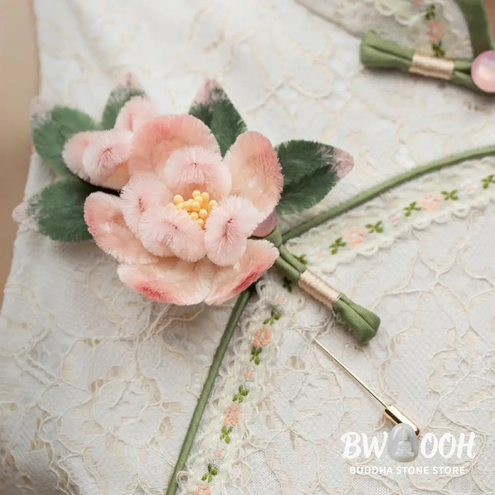 Buddha Stones Handmade Yangzhou Velvet Flower Mulberry Silk Peach Blossom Brooch - Peach Blossom - Brooch