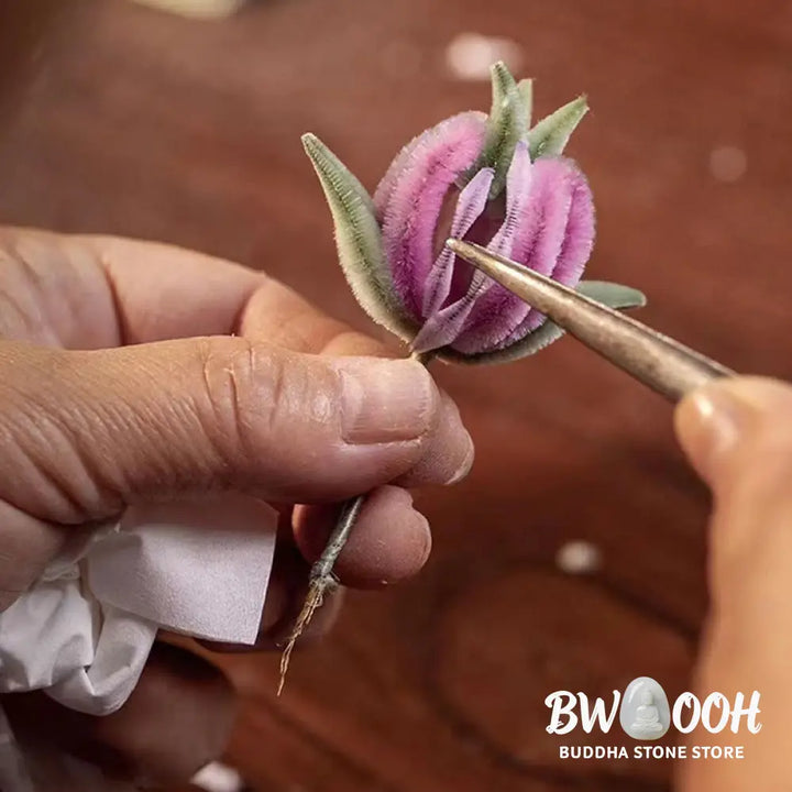 Buddha Stones Handmade Yangzhou Velvet Flower Mulberry Silk Peach Blossom Brooch - Peach Blossom - Brooch