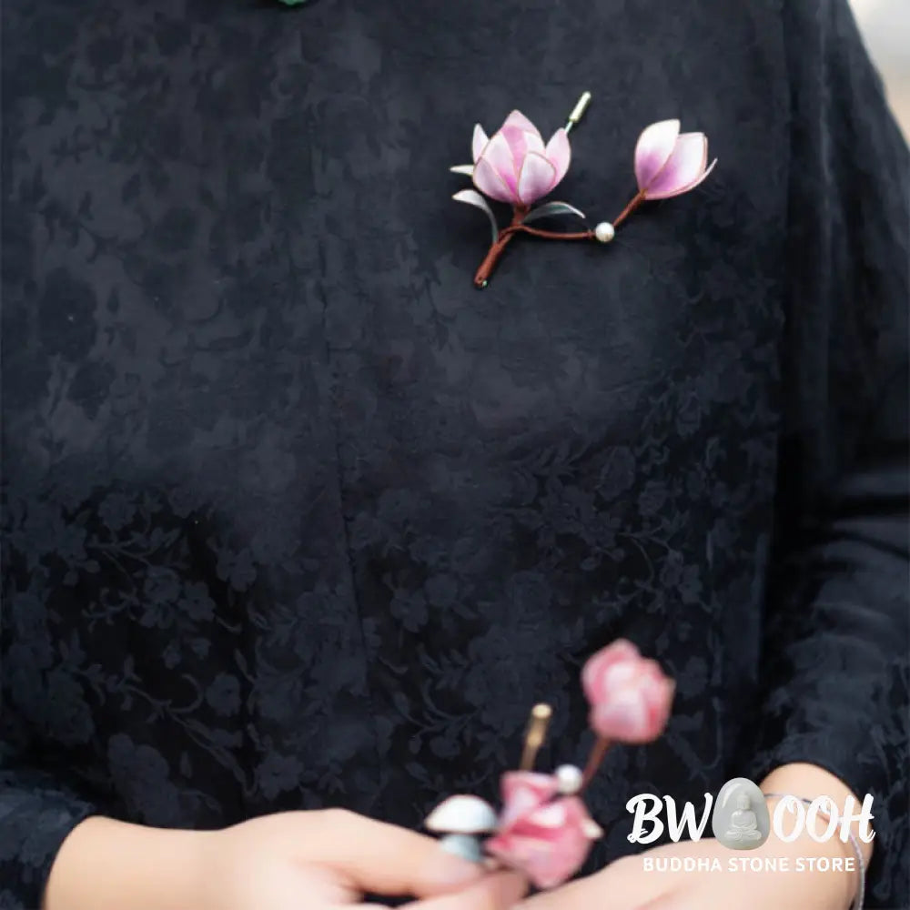 Buddha Stones Handmade Yangzhou Velvet Flower Mulberry Silk Purple Magnolia Brooch Hairpin - Brooch &amp; Hairpin