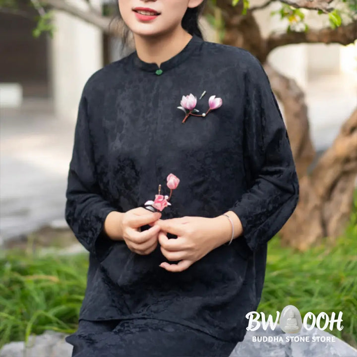 Buddha Stones Handmade Yangzhou Velvet Flower Mulberry Silk Purple Magnolia Brooch Hairpin - Brooch &amp; Hairpin