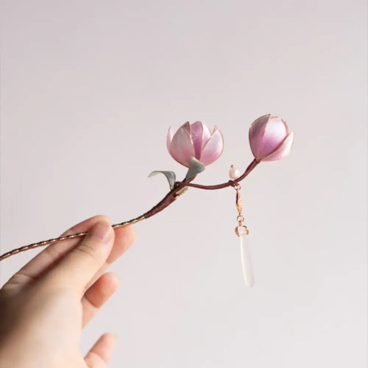 Buddha Stones Handmade Yangzhou Velvet Flower Mulberry Silk Purple Magnolia Brooch Hairpin - Hairpin - Brooch &amp; Hairpin
