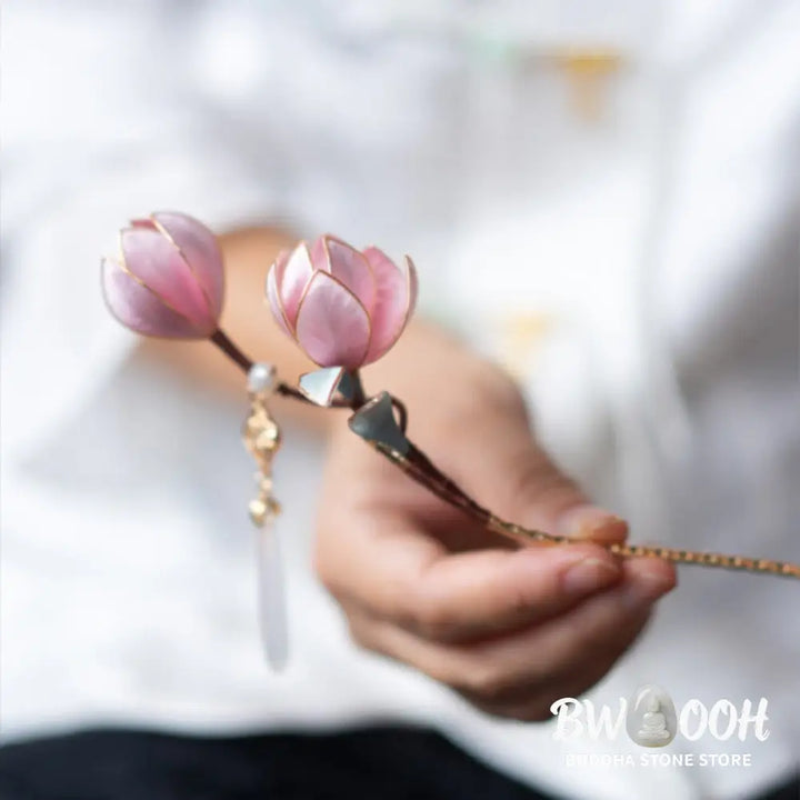 Buddha Stones Handmade Yangzhou Velvet Flower Mulberry Silk Purple Magnolia Brooch Hairpin - Brooch &amp; Hairpin