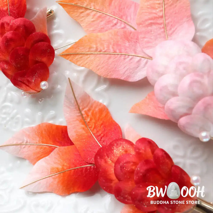 Buddha Stones Handmade Yangzhou Velvet Flower Mulberry Silk Red Koi Fish Leaves Brooch Hair Clip - Brooch &amp; Hair