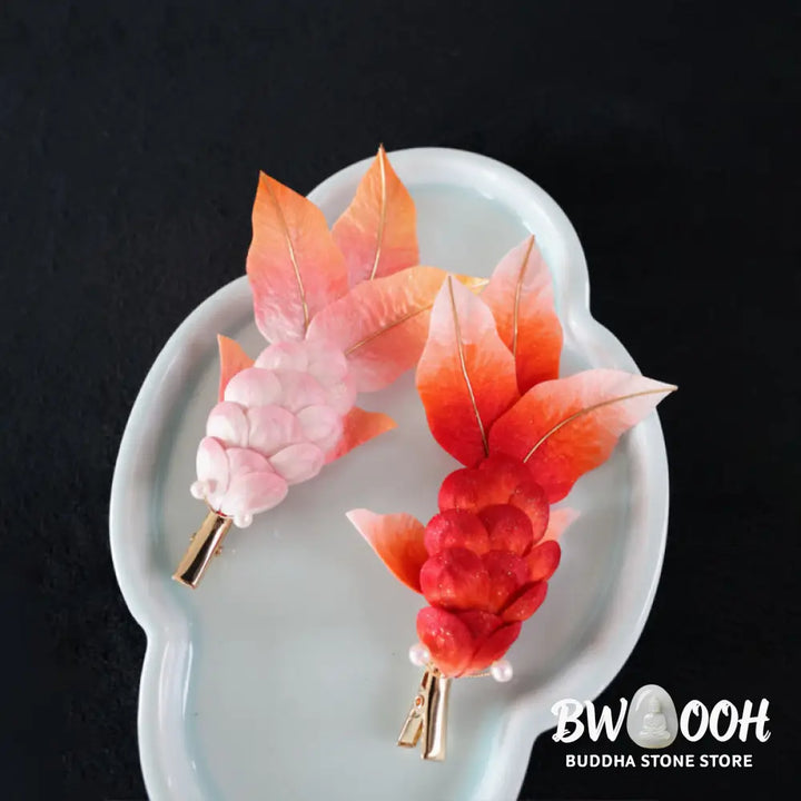 Buddha Stones Handmade Yangzhou Velvet Flower Mulberry Silk Red Koi Fish Leaves Brooch Hair Clip - Brooch &amp; Hair