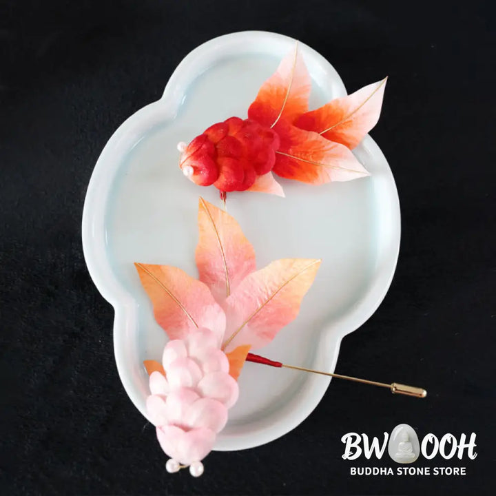 Buddha Stones Handmade Yangzhou Velvet Flower Mulberry Silk Red Koi Fish Leaves Brooch Hair Clip - Brooch &amp; Hair