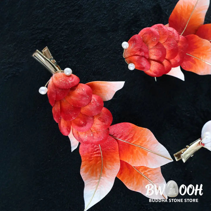 Buddha Stones Handmade Yangzhou Velvet Flower Mulberry Silk Red Koi Fish Leaves Brooch Hair Clip - Brooch &amp; Hair
