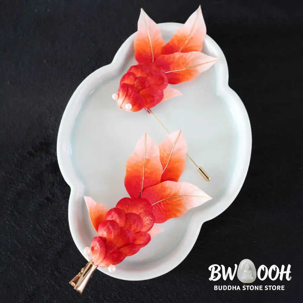 Buddha Stones Handmade Yangzhou Velvet Flower Mulberry Silk Red Koi Fish Leaves Brooch Hair Clip - Brooch &amp; Hair