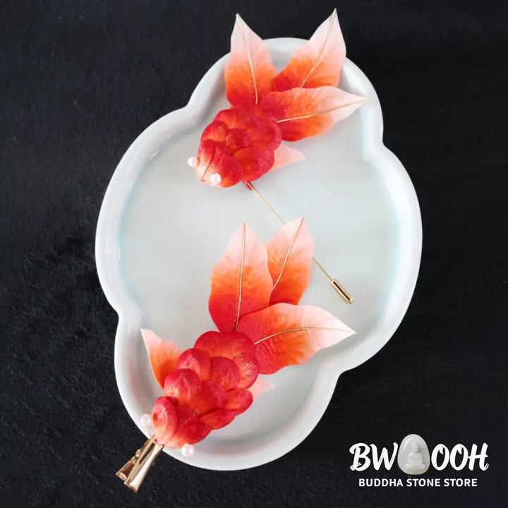 Buddha Stones Handmade Yangzhou Velvet Flower Mulberry Silk Red Koi Fish Leaves Brooch Hair Clip - Brooch &amp; Hair