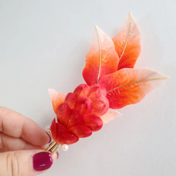 Buddha Stones Handmade Yangzhou Velvet Flower Mulberry Silk Red Koi Fish Leaves Brooch Hair Clip - Hair Clip - Brooch &amp;