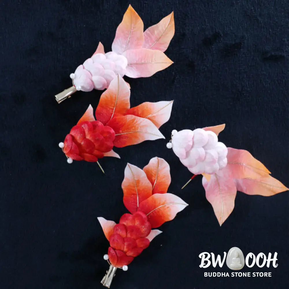 Buddha Stones Handmade Yangzhou Velvet Flower Mulberry Silk Red Koi Fish Leaves Brooch Hair Clip - Brooch &amp; Hair
