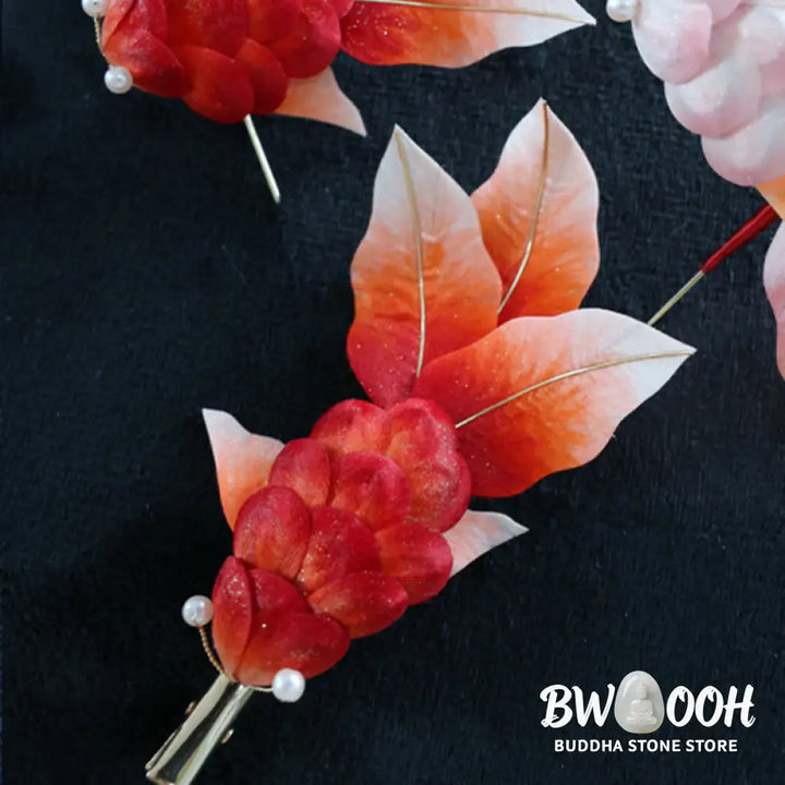 Buddha Stones Handmade Yangzhou Velvet Flower Mulberry Silk Red Koi Fish Leaves Brooch Hair Clip - Brooch &amp; Hair