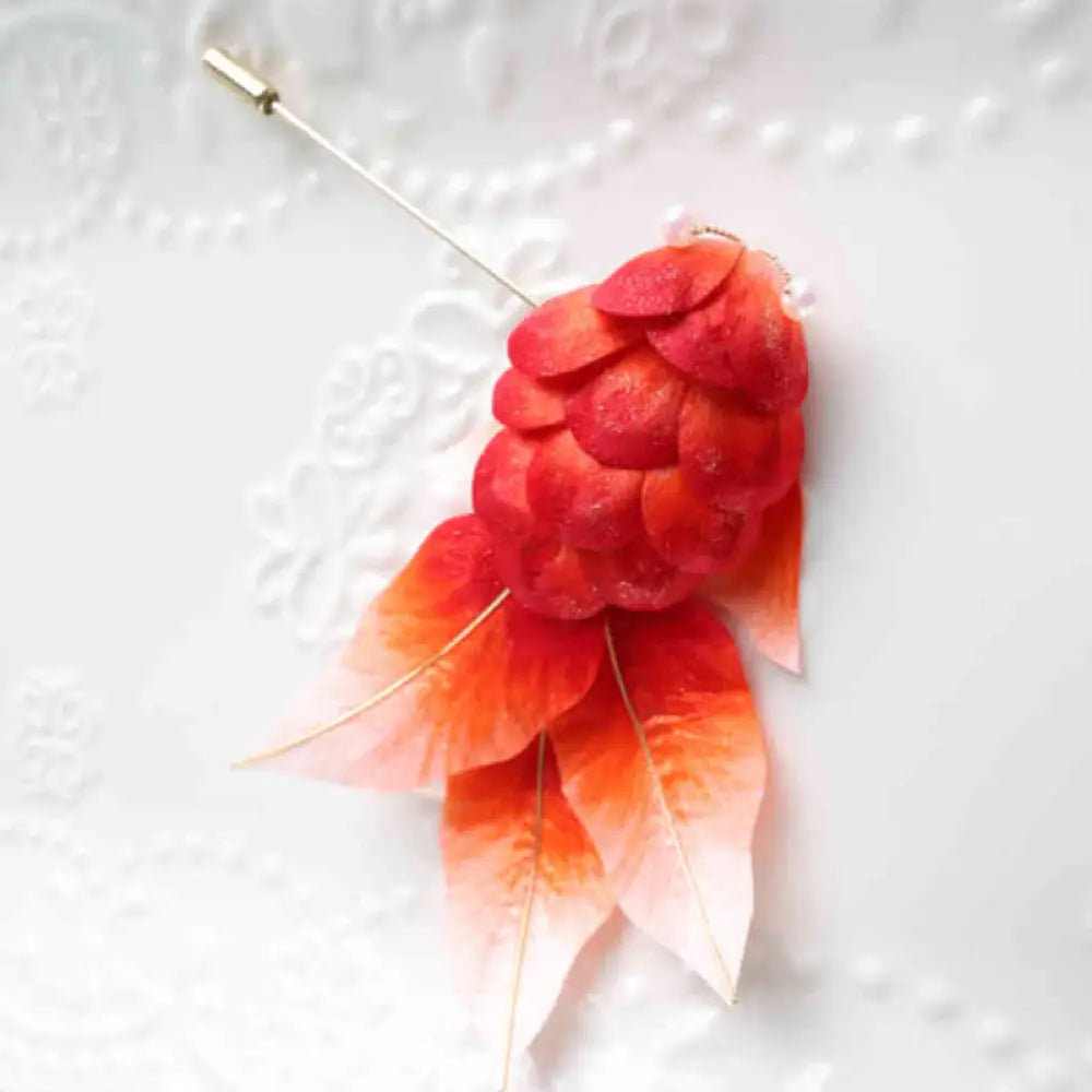 Buddha Stones Handmade Yangzhou Velvet Flower Mulberry Silk Red Koi Fish Leaves Brooch Hair Clip - Brooch - Brooch &