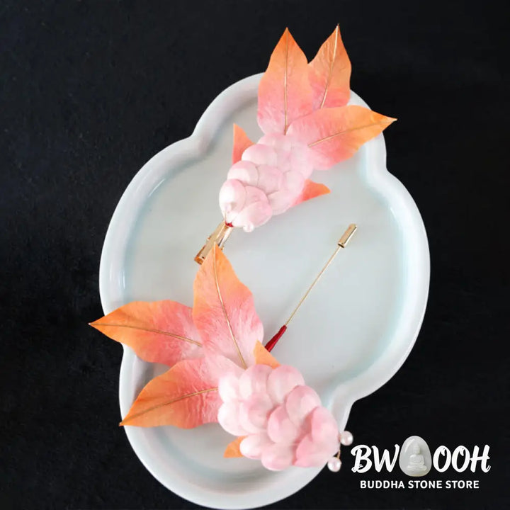 Buddha Stones Handmade Yangzhou Velvet Flower Mulberry Silk Red Koi Fish Leaves Brooch Hair Clip - Brooch &amp; Hair