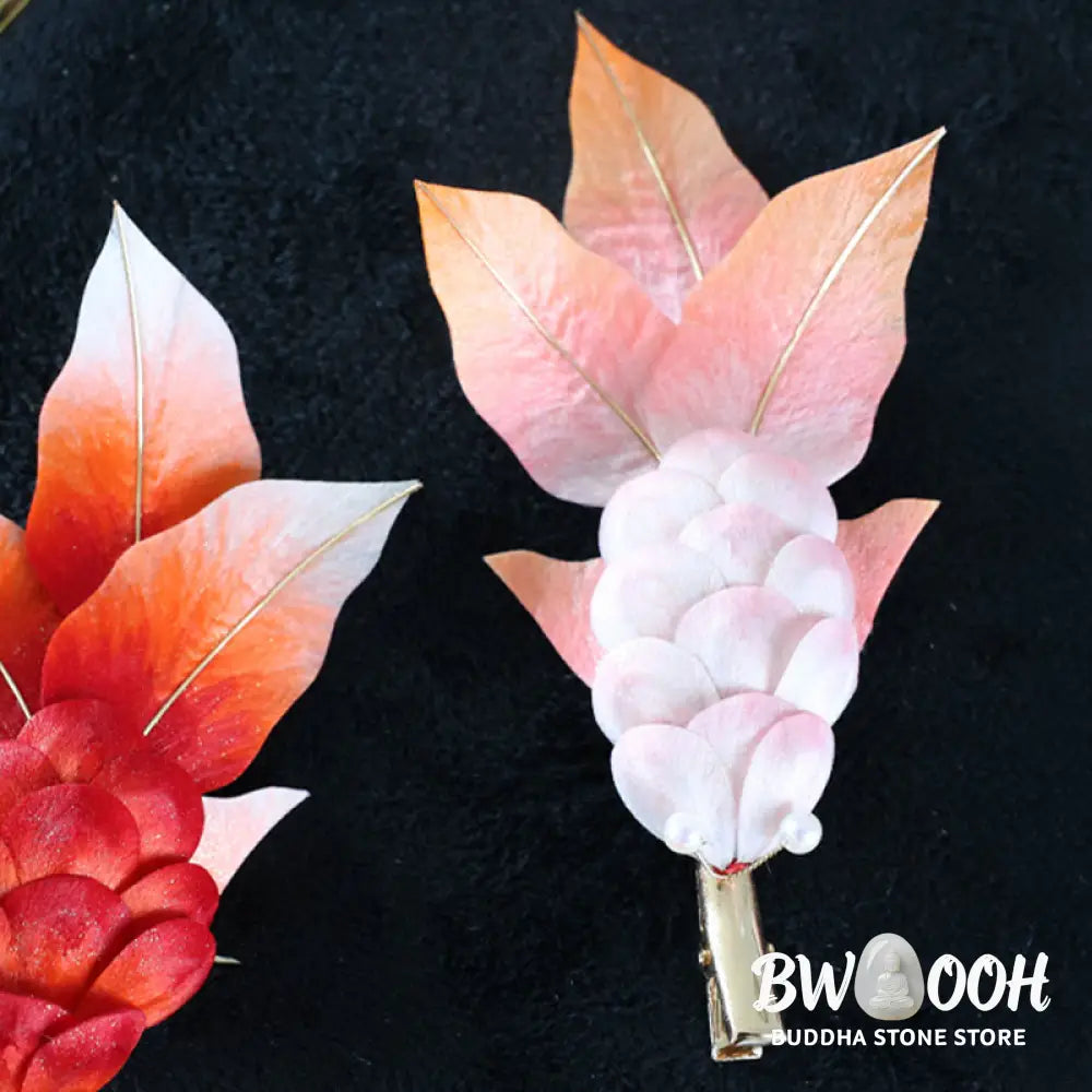 Buddha Stones Handmade Yangzhou Velvet Flower Mulberry Silk Red Koi Fish Leaves Brooch Hair Clip - Brooch &amp; Hair