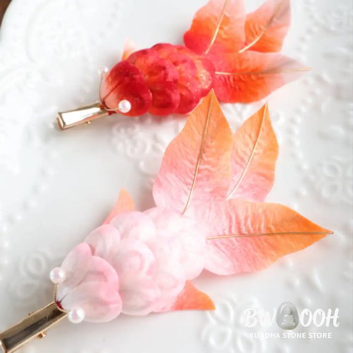 Buddha Stones Handmade Yangzhou Velvet Flower Mulberry Silk Red Koi Fish Leaves Brooch Hair Clip - Brooch &amp; Hair