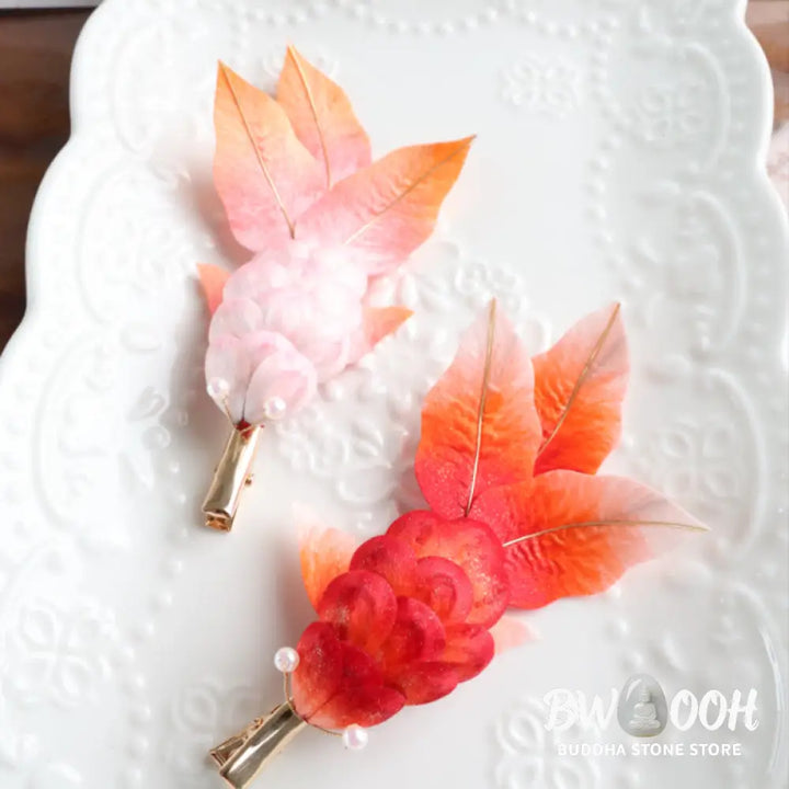 Buddha Stones Handmade Yangzhou Velvet Flower Mulberry Silk Red Koi Fish Leaves Brooch Hair Clip - Brooch &amp; Hair