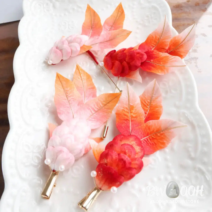 Buddha Stones Handmade Yangzhou Velvet Flower Mulberry Silk Red Koi Fish Leaves Brooch Hair Clip - Brooch &amp; Hair