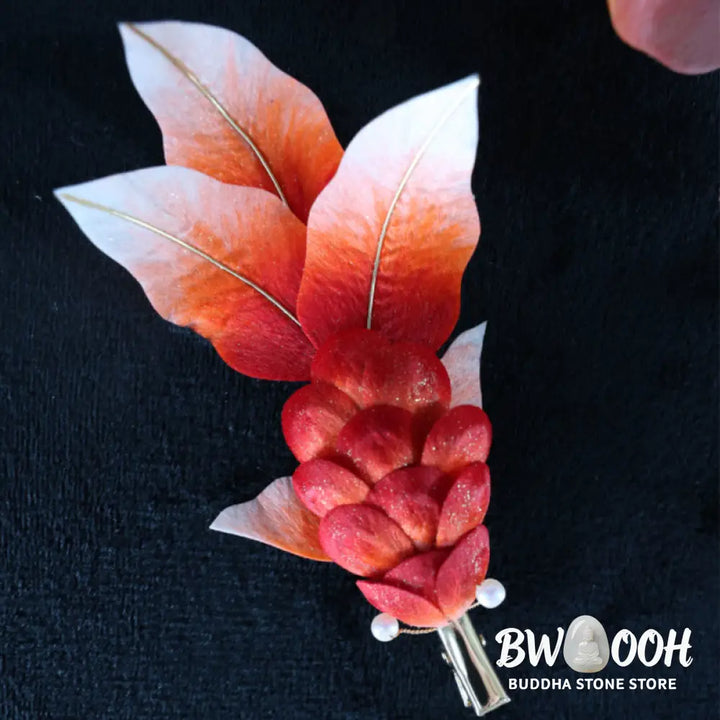 Buddha Stones Handmade Yangzhou Velvet Flower Mulberry Silk Red Koi Fish Leaves Brooch Hair Clip - Brooch &amp; Hair