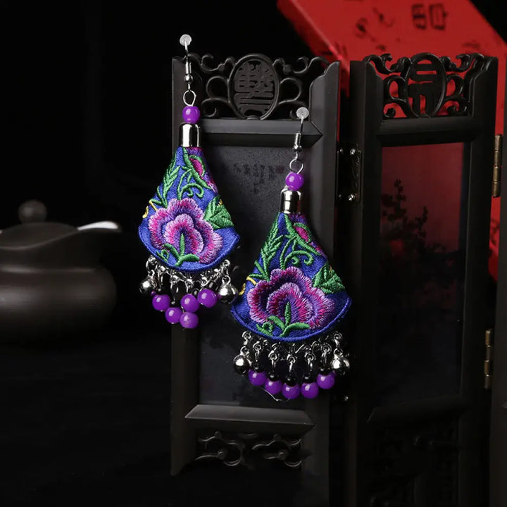 Buddha Stones Handmade Yi Embroidery Flower Harmony Earrings - Blue &amp; Purple Flower(Alloy Posts) - Earrings