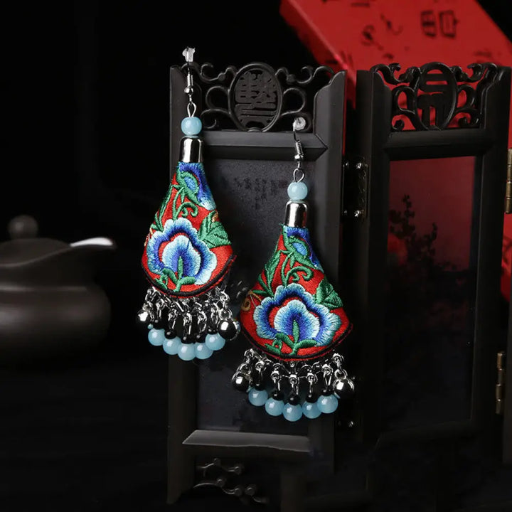 Buddha Stones Handmade Yi Embroidery Flower Harmony Earrings - Red &amp; Blue Flower(Alloy Posts) - Earrings