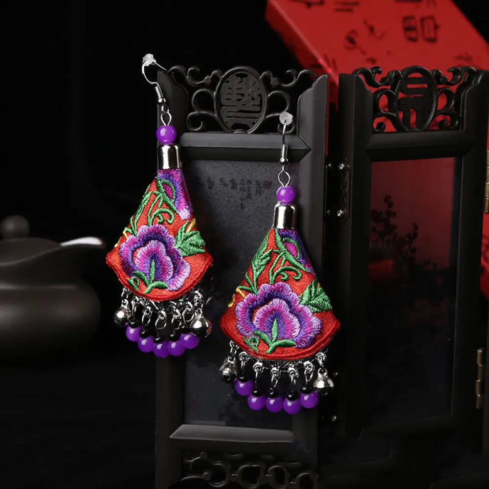 Buddha Stones Handmade Yi Embroidery Flower Harmony Earrings - Red &amp; Purple Flower(Alloy Posts) - Earrings