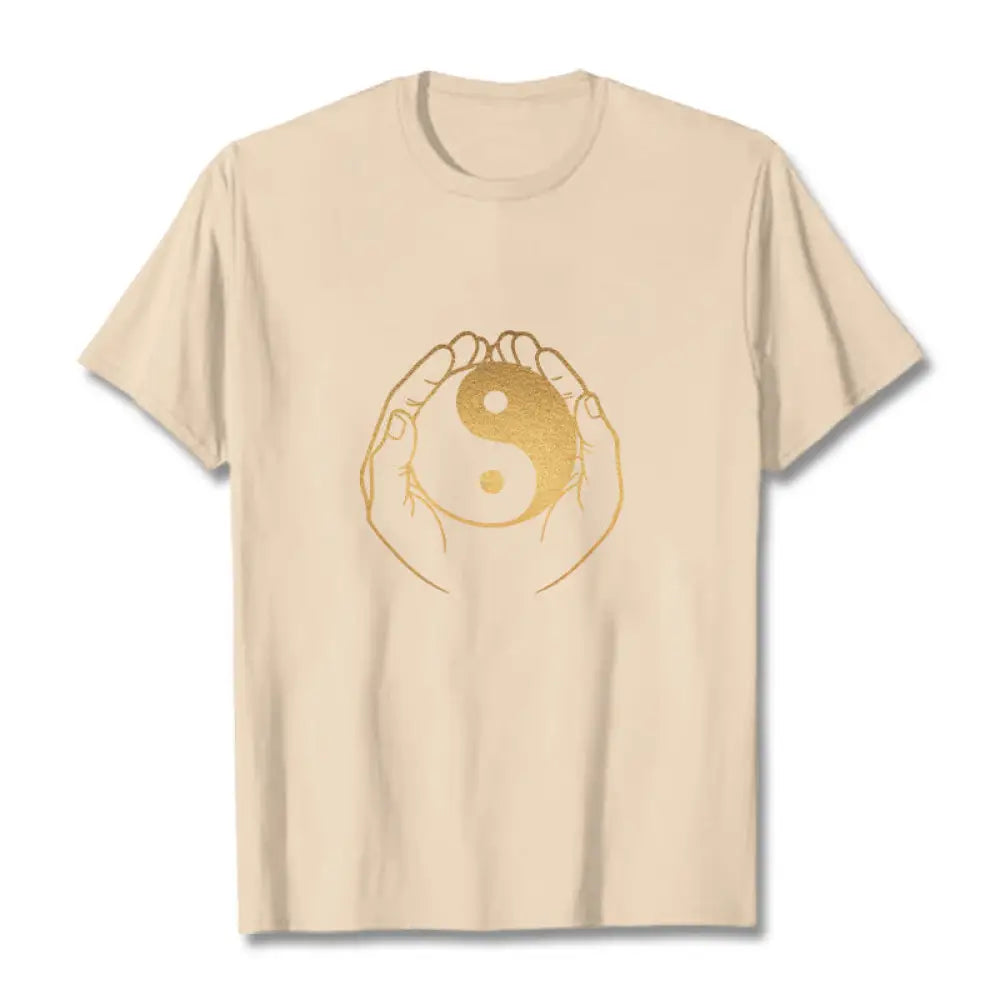 Buddha Stones Hands Holding A Golden Yin Yang Tee T-shirt - Bisque / S - T-Shirts