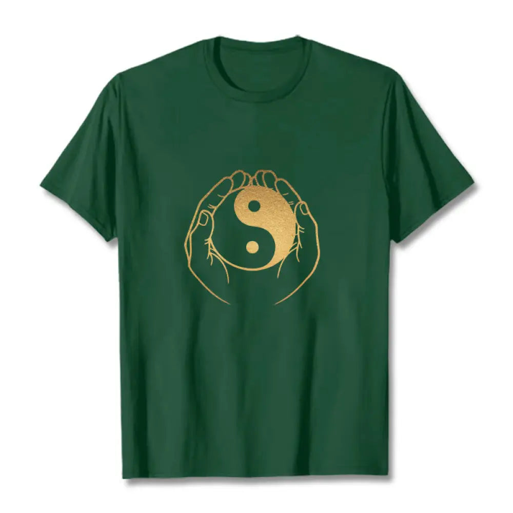 Buddha Stones Hands Holding A Golden Yin Yang Tee T-shirt - ForestGreen / S - T-Shirts
