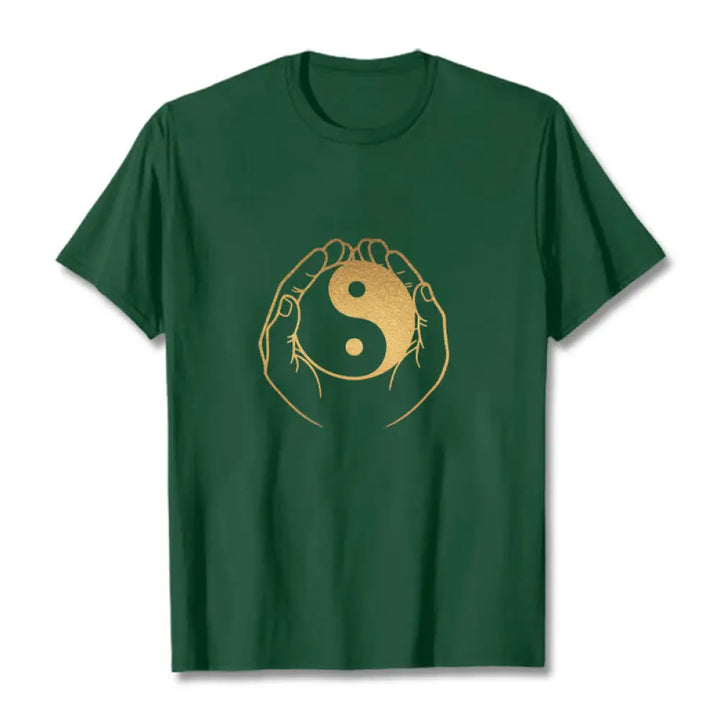 Buddha Stones Hands Holding A Golden Yin Yang Tee T-shirt - ForestGreen / S - T-Shirts