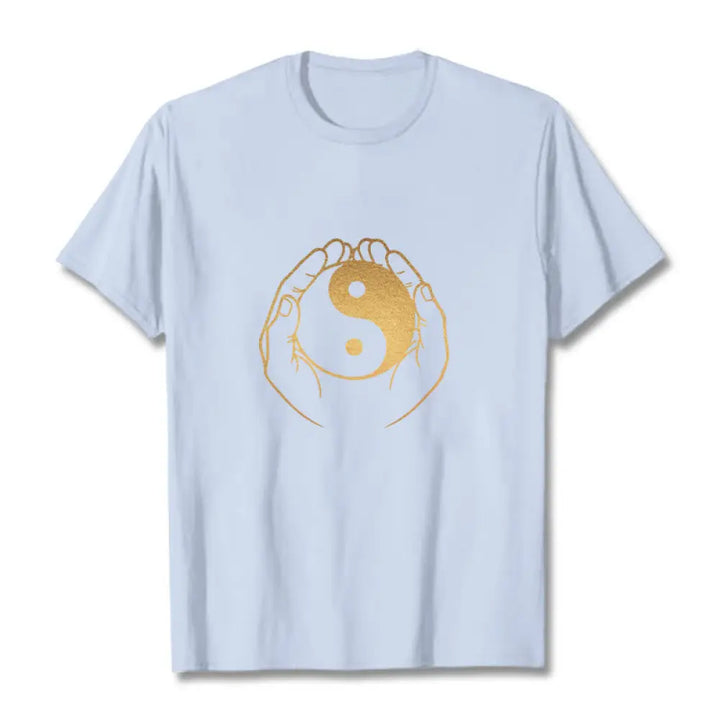 Buddha Stones Hands Holding A Golden Yin Yang Tee T-shirt - LightCyan / S - T-Shirts