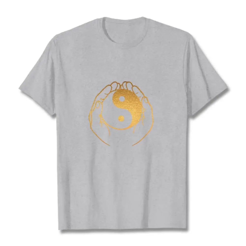 Buddha Stones Hands Holding A Golden Yin Yang Tee T-shirt - LightGrey / S - T-Shirts