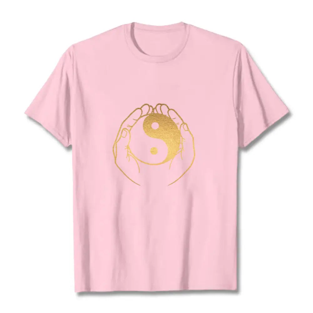 Buddha Stones Hands Holding A Golden Yin Yang Tee T-shirt - LightPink / S - T-Shirts