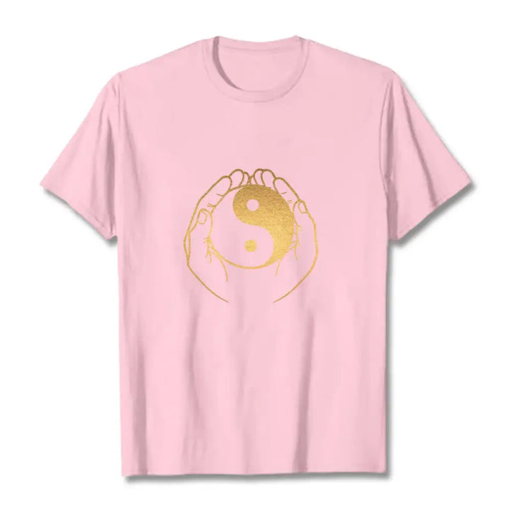 Buddha Stones Hands Holding A Golden Yin Yang Tee T-shirt - LightPink / S - T-Shirts