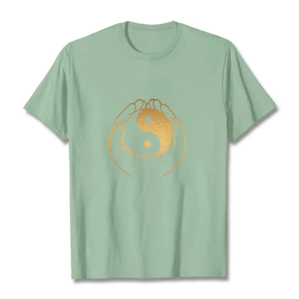 Buddha Stones Hands Holding A Golden Yin Yang Tee T-shirt - PaleGreen / S - T-Shirts
