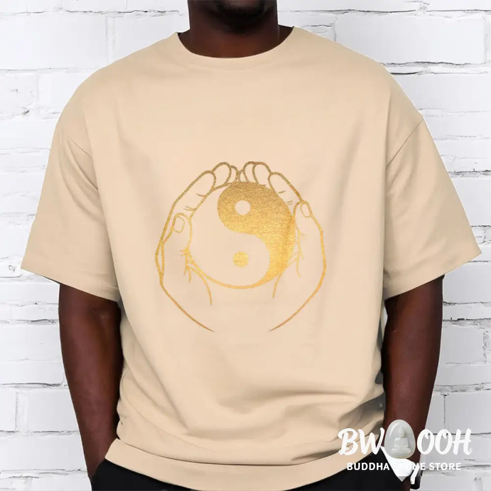 Buddha Stones Hands Holding A Golden Yin Yang Tee T-shirt - T-Shirts