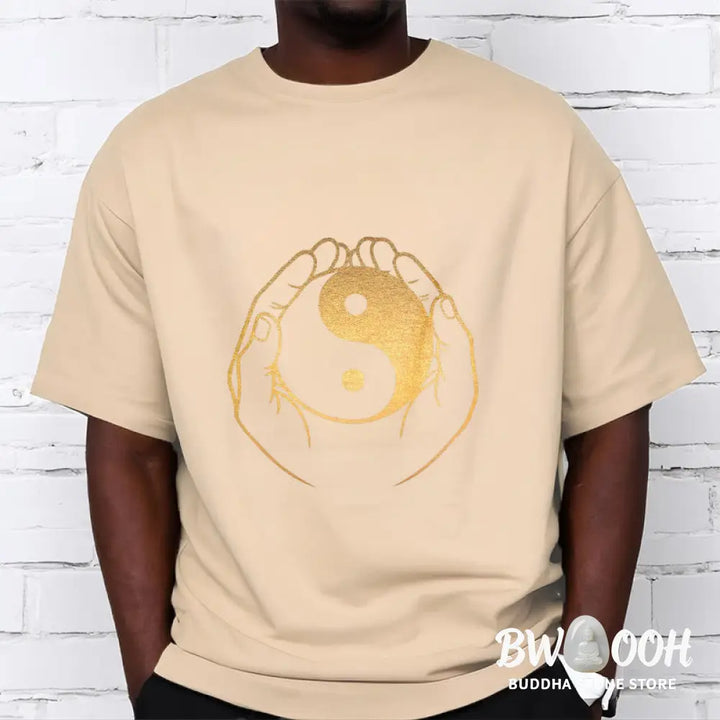 Buddha Stones Hands Holding A Golden Yin Yang Tee T-shirt - T-Shirts