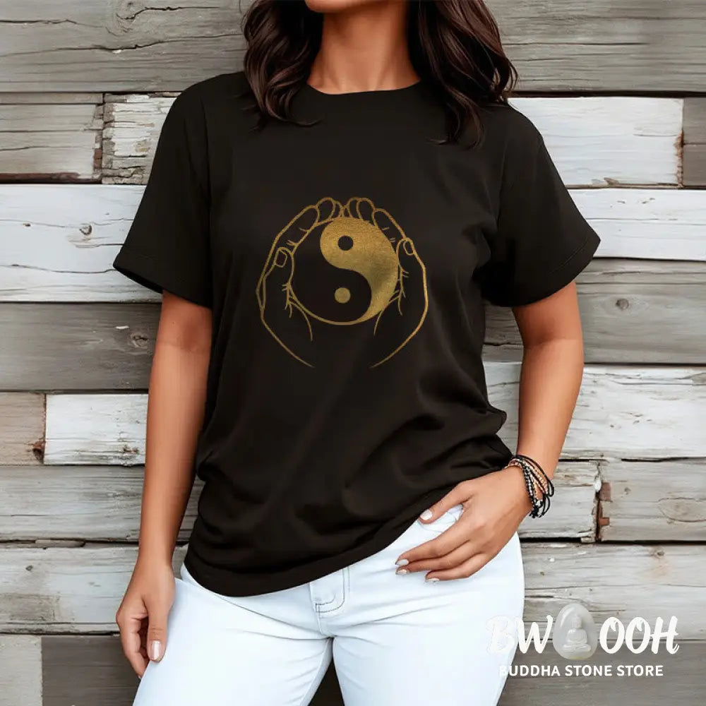 Buddha Stones Hands Holding A Golden Yin Yang Tee T-shirt - T-Shirts