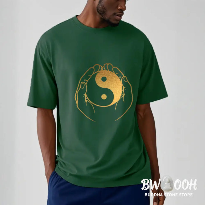 Buddha Stones Hands Holding A Golden Yin Yang Tee T-shirt - T-Shirts