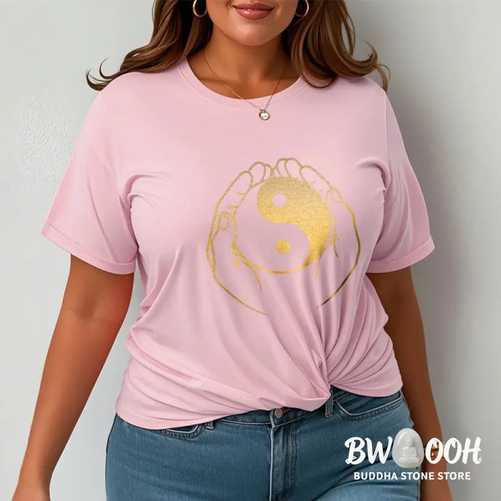 Buddha Stones Hands Holding A Golden Yin Yang Tee T-shirt - T-Shirts