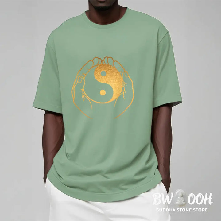 Buddha Stones Hands Holding A Golden Yin Yang Tee T-shirt - T-Shirts
