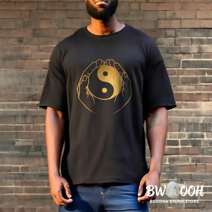 Buddha Stones Hands Holding A Golden Yin Yang Tee T-shirt - T-Shirts