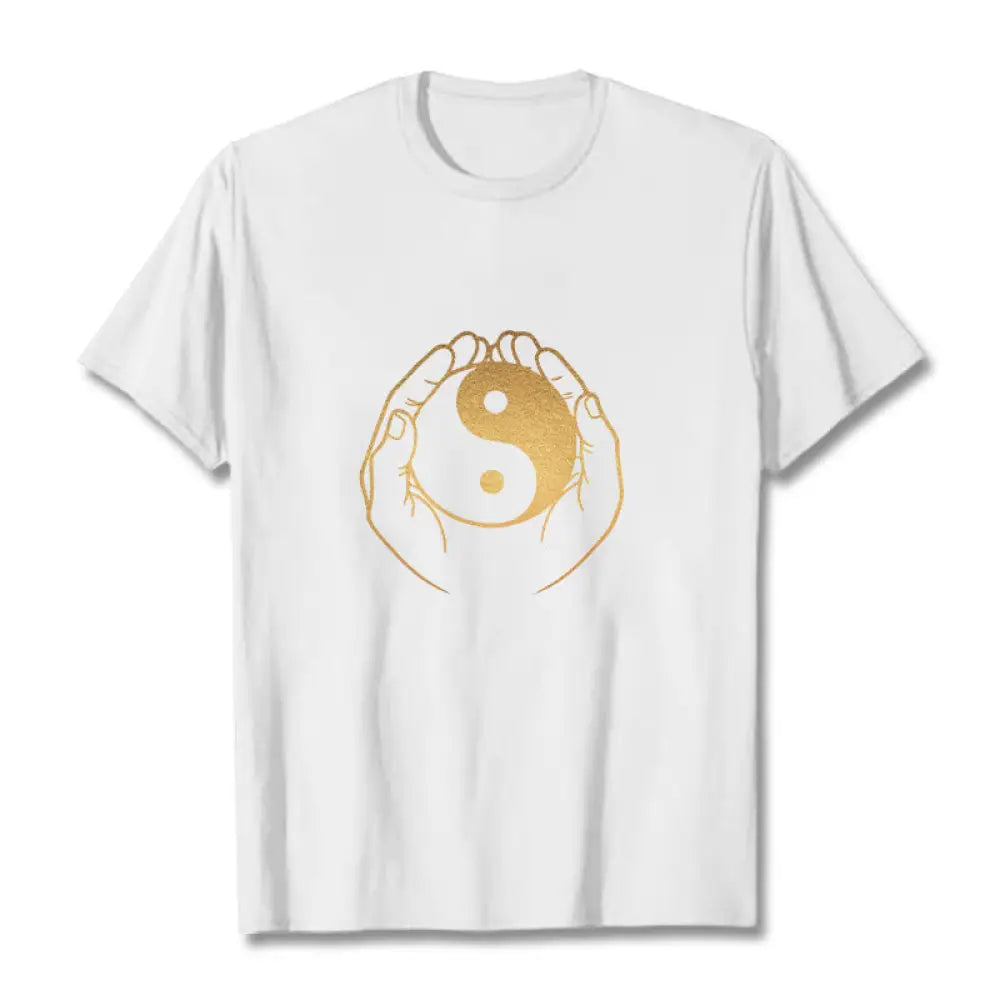 Buddha Stones Hands Holding A Golden Yin Yang Tee T-shirt - White / S - T-Shirts