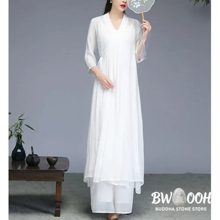 Buddha Stones Hanfu Style Midi Dress Wide Leg Pants Meditation Zen Practice Yoga Dance Clothing - Women’s Meditation