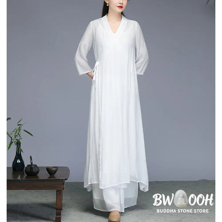 Buddha Stones Hanfu Style Midi Dress Wide Leg Pants Meditation Zen Practice Yoga Dance Clothing - Women’s Meditation