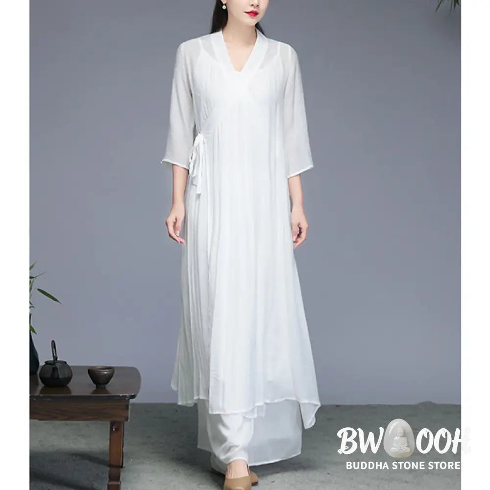 Buddha Stones Hanfu Style Midi Dress Wide Leg Pants Meditation Zen Practice Yoga Dance Clothing - Women’s Meditation