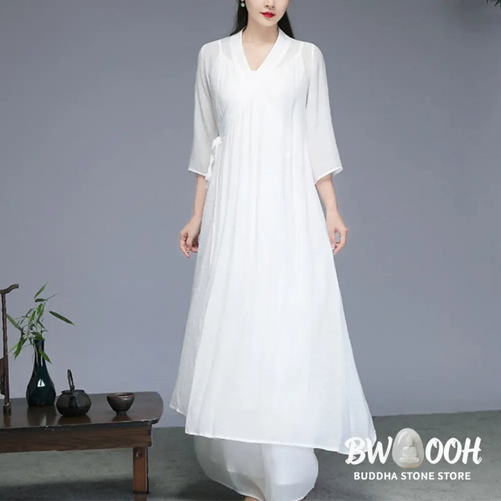 Buddha Stones Hanfu Style Midi Dress Wide Leg Pants Meditation Zen Practice Yoga Dance Clothing - Women’s Meditation