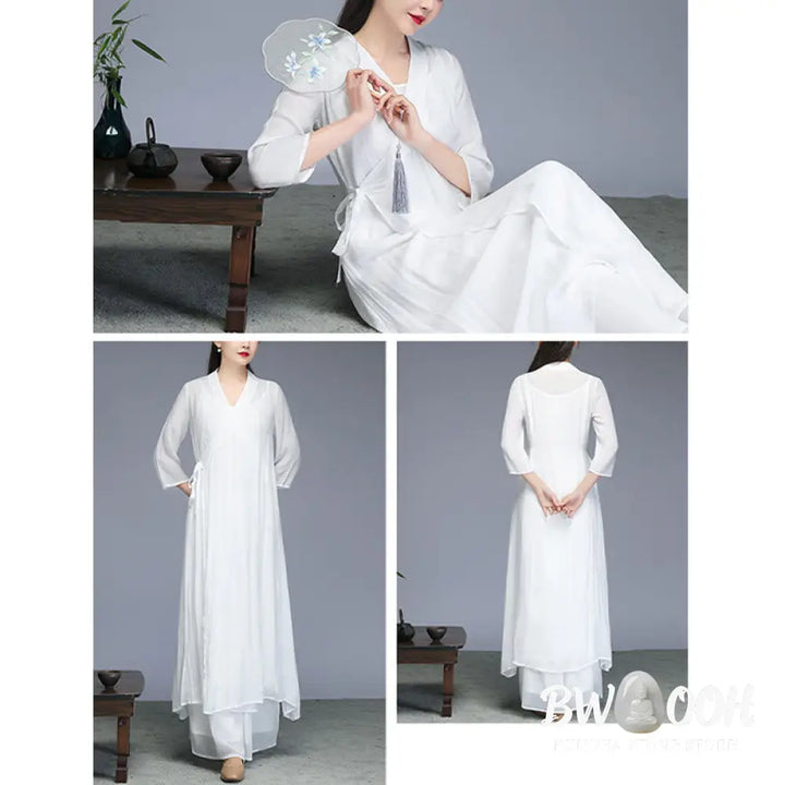 Buddha Stones Hanfu Style Midi Dress Wide Leg Pants Meditation Zen Practice Yoga Dance Clothing - Women’s Meditation