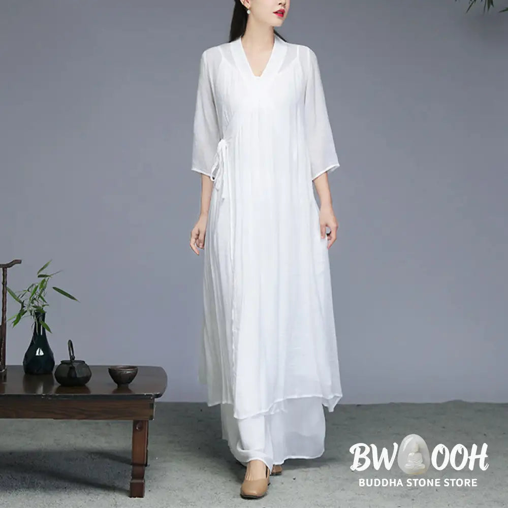 Buddha Stones Hanfu Style Midi Dress Wide Leg Pants Meditation Zen Practice Yoga Dance Clothing - Women’s Meditation