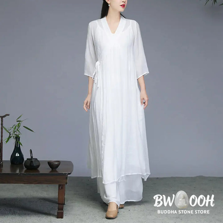 Buddha Stones Hanfu Style Midi Dress Wide Leg Pants Meditation Zen Practice Yoga Dance Clothing - Women’s Meditation