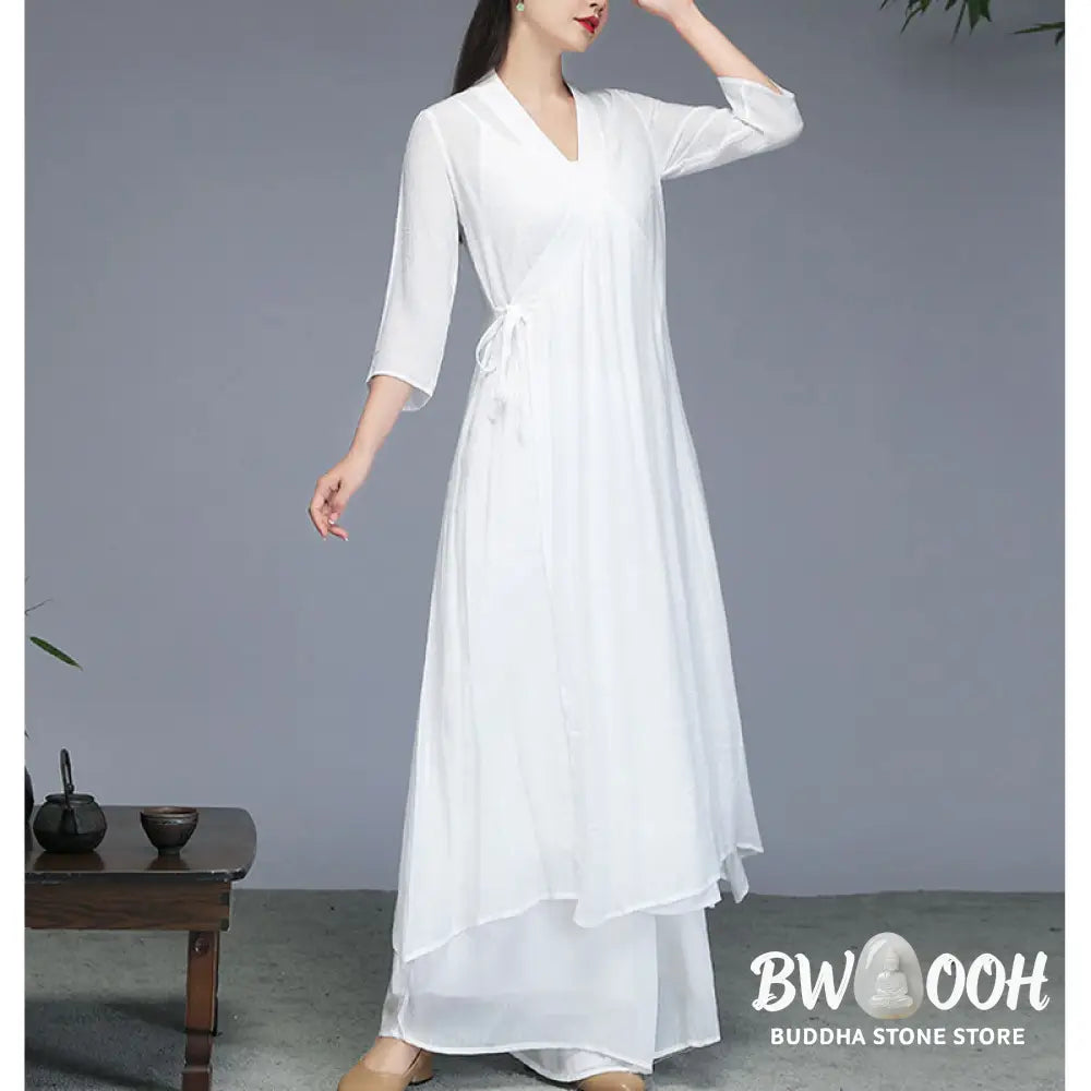 Buddha Stones Hanfu Style Midi Dress Wide Leg Pants Meditation Zen Practice Yoga Dance Clothing - Women’s Meditation